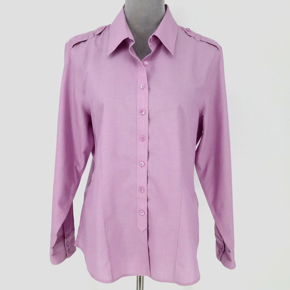Coldwater Creek Top Petite LP PL Lavender No Iron Cotton Blouse Epaulette Preppy - Picture 1 of 13